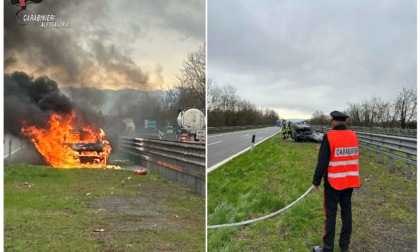 Intrappolati nell’auto in fiamme sulla A21: salvi grazie ai Carabinieri di Serravalle Scrivia