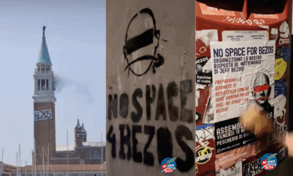 "No Space for Bezos", striscione sul campanile di San Giorgio contro le nozze a Venezia del proprietario Amazon