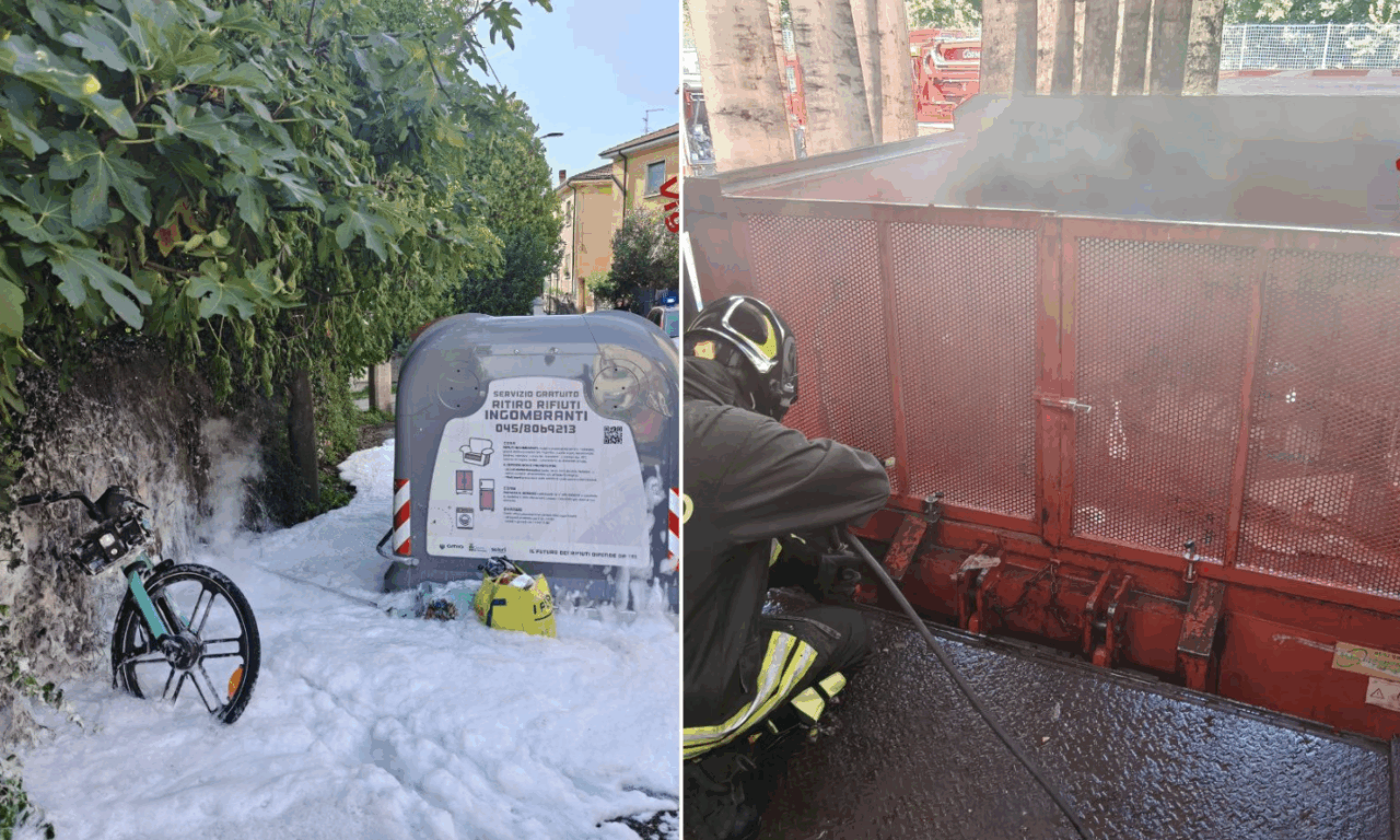 Bici in fiamme a Verona e principio d’incendio in un compattatore a San Pietro in Cariano