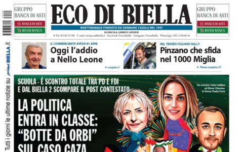 “La politica entra in classe: ‘botte da orbi’ sul caso Gaza”: la prima pagina di Eco di Biella in edicola oggi