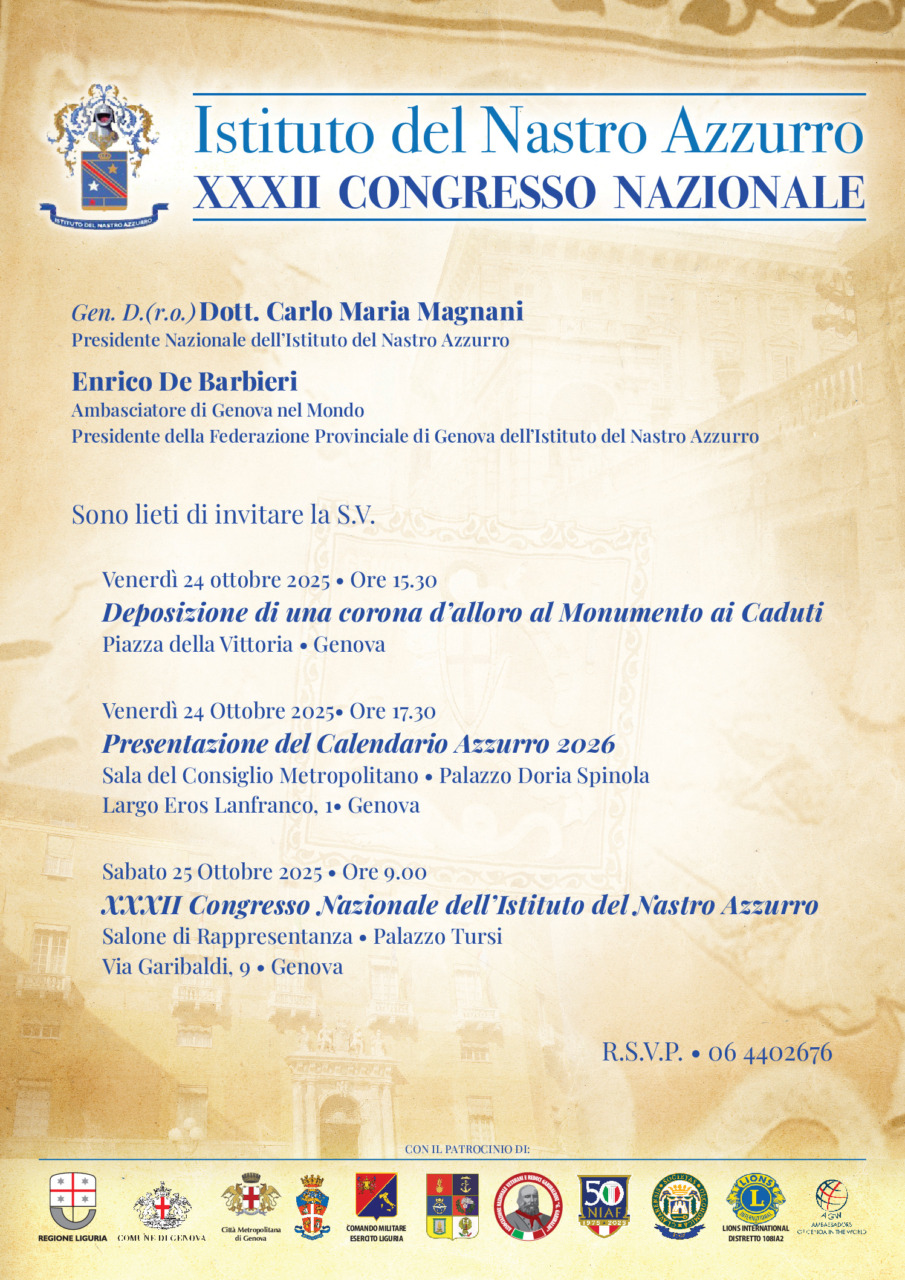 Genova ospita per la prima volta il XXXII Congresso Nazionale dell’Istituto del Nastro Azzurro fra Combattenti Decorati al Valor Militare