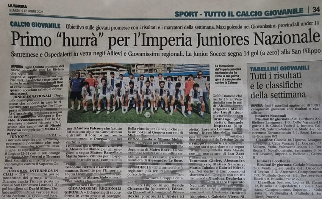 Il calcio giovanile del ponente su La Riviera in edicola