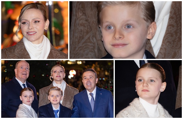 Alberto II e Charlene (con il principe ereditario Jacques e la principessa Gabriella) all’accensione della Place du Casinò