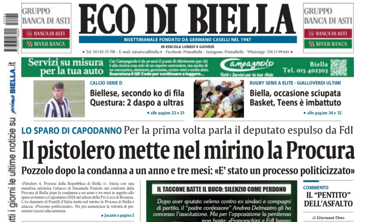 “Il pistolero mette nel mirino la Procura”: la prima pagina di Eco di Biella in edicola oggi