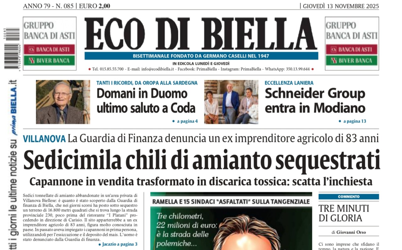 “Sedicimila chili di amianto sequestrati”: la prima pagina di Eco di Biella in edicola oggi