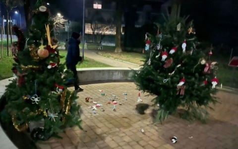 Albero di Natale di quartiere incendiato e buttato a terra al parco Gianni Rodari (Conca Fiorita)