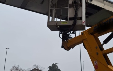Autocarro percorre Largo delle Alpi a Nichelino e danneggia la passerella