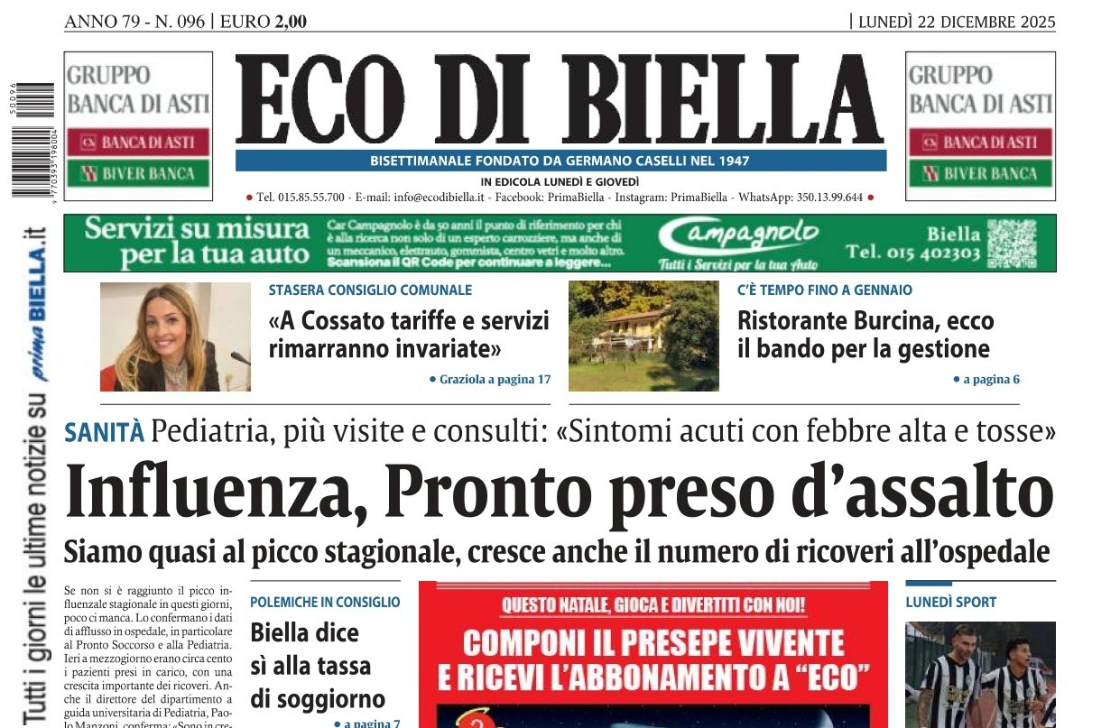 “Influenza, Pronto soccorso preso d’assalto”: la prima pagina di Eco di Biella in edicola oggi