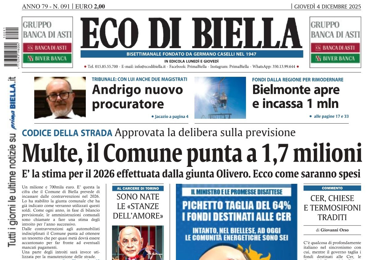 “Multe, il Comune punta a 1,7 milioni”: la prima pagina di Eco di Biella in edicola oggi