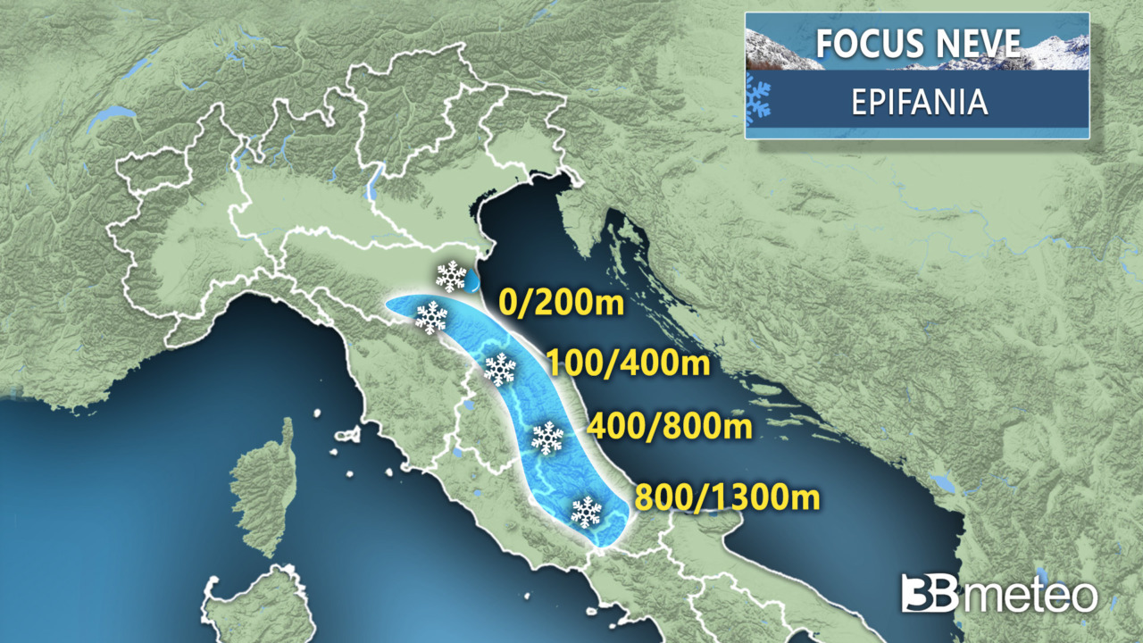 3bmeteo.com: “La Befana porta freddo, piogge e nevicate a tratti anche in pianura su parte dell’Italia”