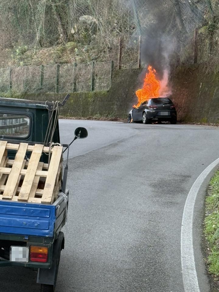 Auto in fiamme, in azione i vigili del fuoco