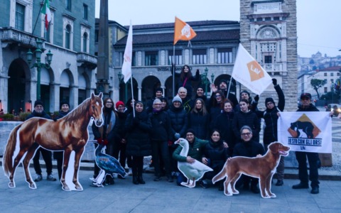 Il flash mob organizzato in centro a Bergamo dalla Lav per ricordare le tante vittime della caccia