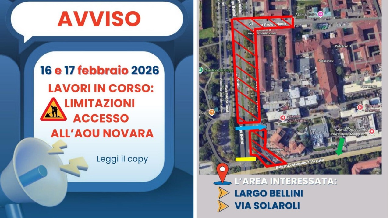 Lavori e viabilità modificata all’ospedale Maggiore di Novara il 16 e 17 febbraio