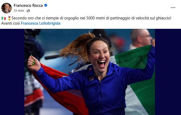 Lollobrigida oro bis a Milano Cortina, Rocca su fb: “Ci riempie di orgoglio! Avanti così Francesca”