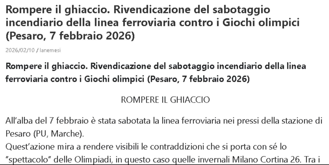 Sabotaggio ai treni, rivendicazione su un blog anarchico per episodio a Pesaro