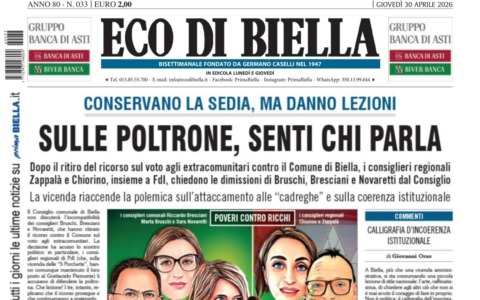 “Sulle poltrone, senti chi parla”: la prima pagina di Eco di Biella in edicola oggi