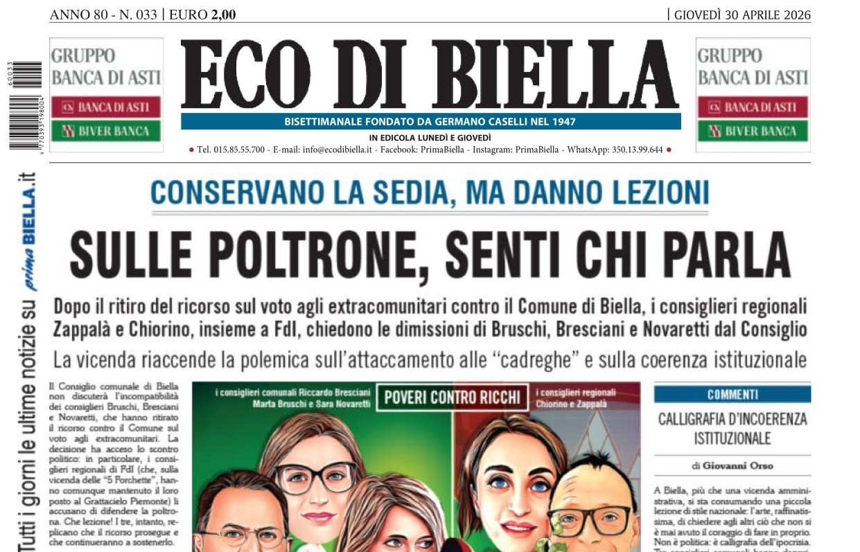 “Sulle poltrone, senti chi parla”: la prima pagina di Eco di Biella in edicola oggi