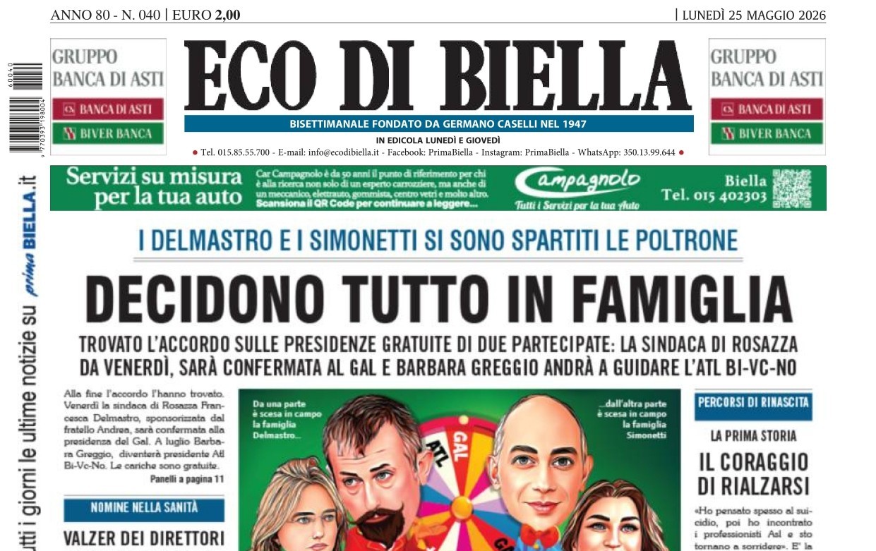 “Decidono tutto in famiglia”: la prima pagina di Eco di Biella in edicola oggi