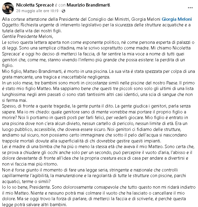Risucchiato dal bocchettone dell’idromassaggio, muore a 11 anni. La mamma di Matteo scrive a Meloni: “Una legge per salvare altri bambini”