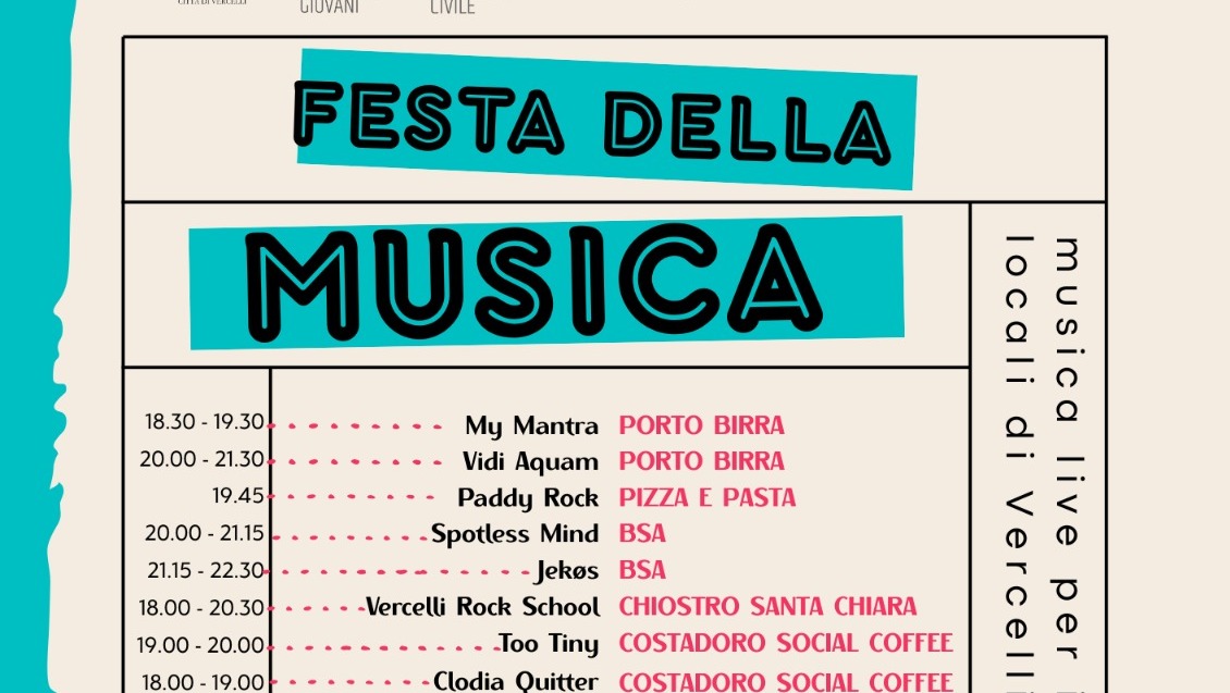 Domenica 21 giugno a Vercelli si celebrerà la “Festa della Musica”