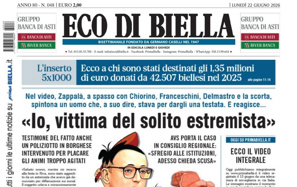 “Io, vittima del solito estremista”: la prima pagina di Eco di Biella in edicola oggi