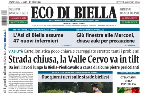 “Strada chiusa, la Valle Cervo va in tilt”: la prima pagina di Eco di Biella in edicola oggi