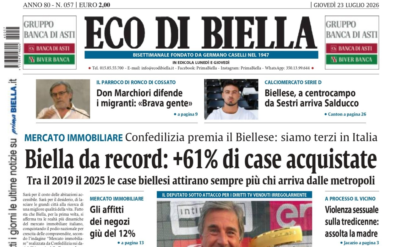“Biella da record: +61% di case acquistate”: la prima pagina di Eco di Biella in edicola oggi