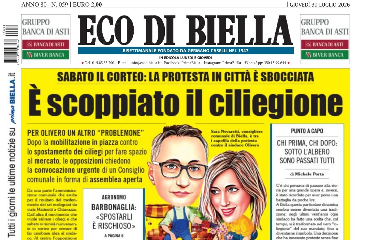 “È scoppiato il ciliegione”: la prima pagina di Eco di Biella in edicola oggi