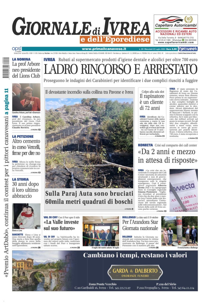 Il Giornale di Ivrea è oggi in edicola, mercoledì 22 luglio