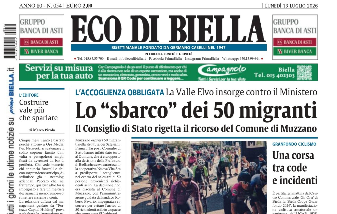 “Lo ‘sbarco’ dei 50 migranti”: la prima pagina di Eco di Biella in edicola oggi