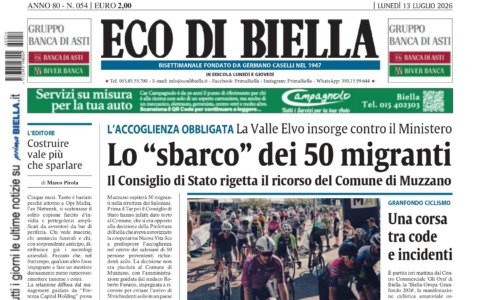 “Lo ‘sbarco’ dei 50 migranti”: la prima pagina di Eco di Biella in edicola oggi