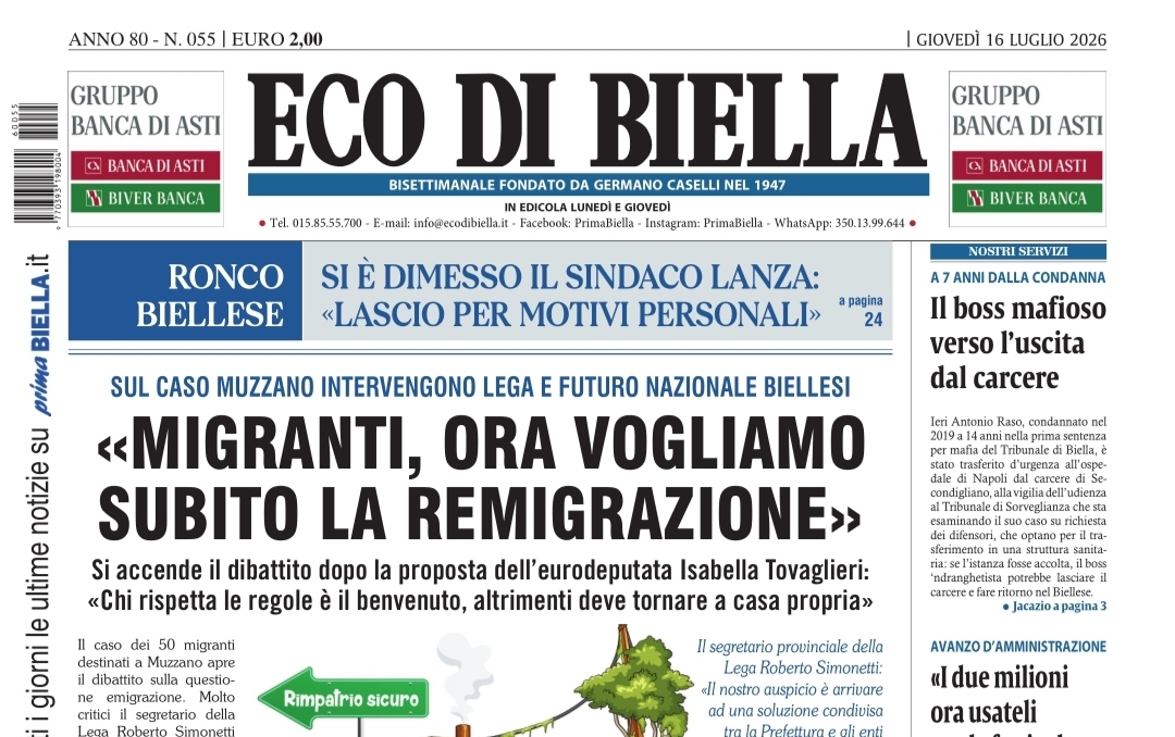 “Migranti, ora vogliamo subito la remigrazione”: la prima pagina di Eco di Biella in edicola oggi