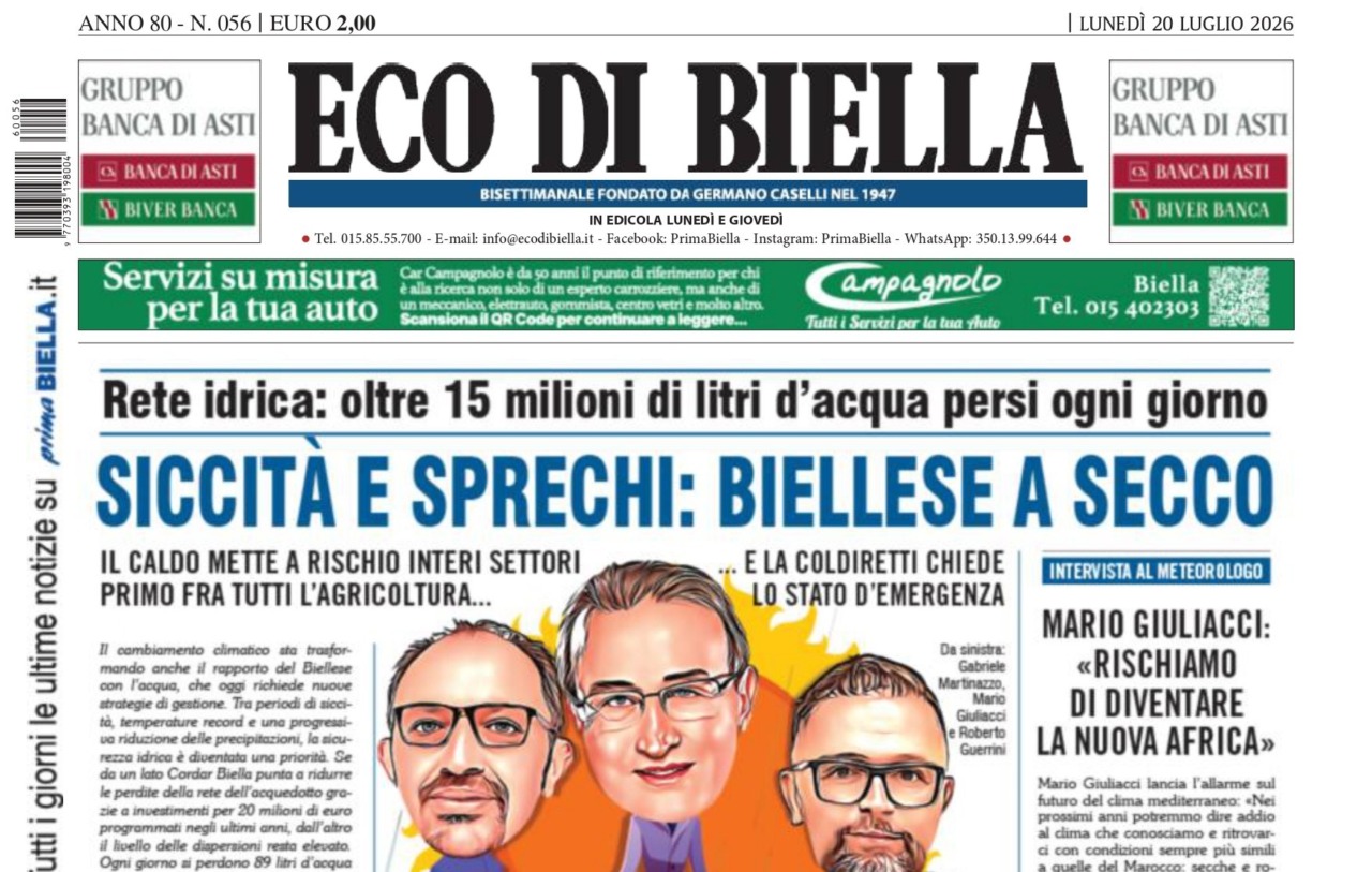 “Siccità e sprechi: il Biellese a secco”: la prima pagina di Eco di Biella in edicola oggi