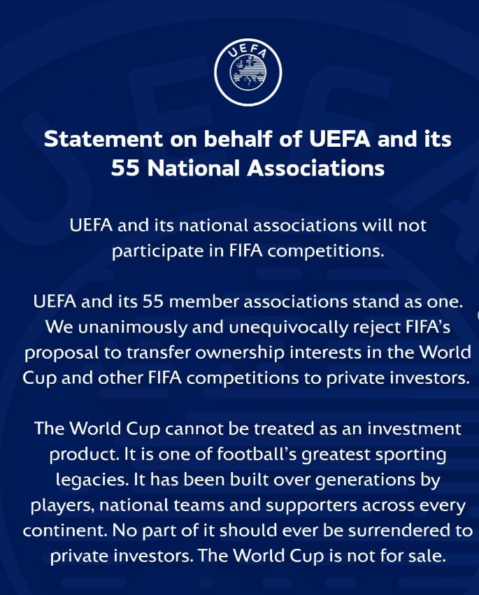 L’Uefa minaccia il boicottaggio della Fifa