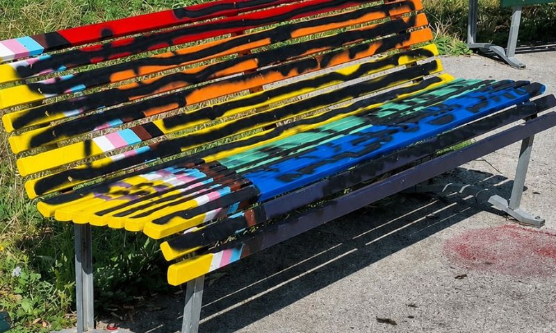 Vernice nera sulla panchina arcobaleno di piazza Schiavone: la condanna del Municipio 9