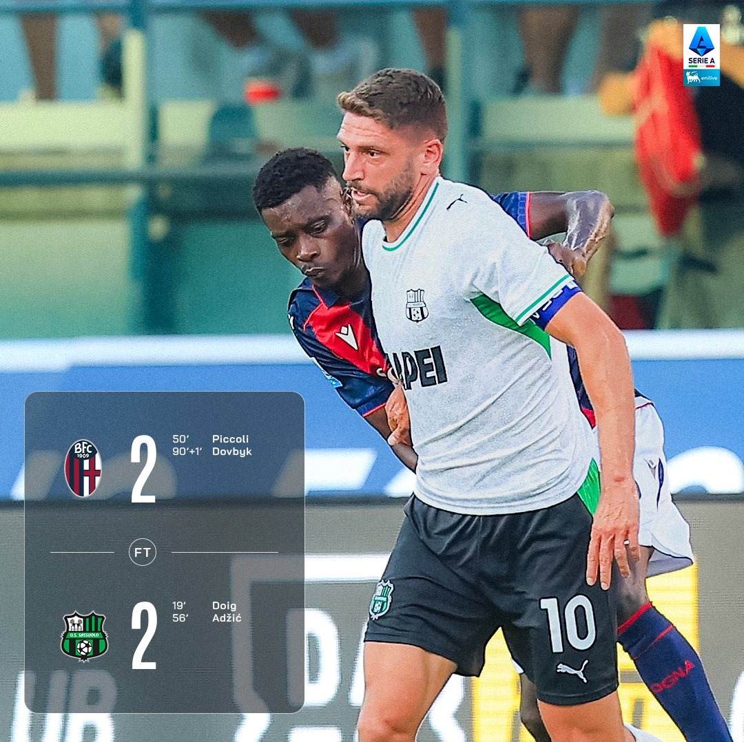 Bologna-Sassuolo, rimonta al fotofinish: Dovbyk firma il 2-2