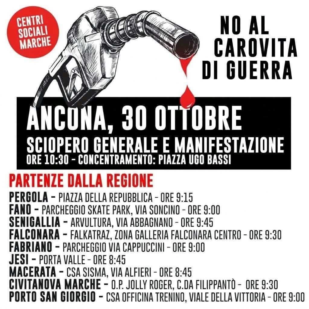 Lo sciopero del 30 ottobre, disagi in vista. La manifestazione ad Ancona con delegazioni in arrivo da tutte le Marche